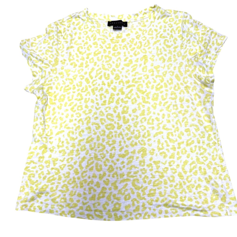 Sanctuary Womens Yellow Leopard Print 100% Linen Short Sleeve T-Shirt S animal